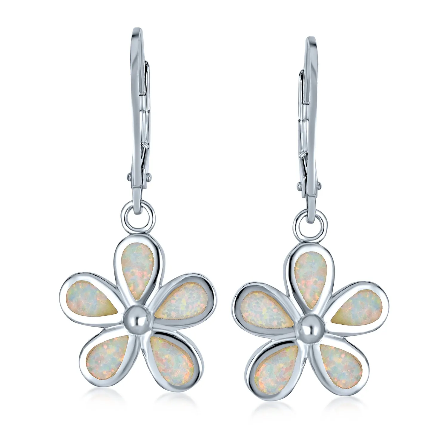 White Plumeria Flower Opal Dangle Gemstone Earrings Sterling Silver Lever Back