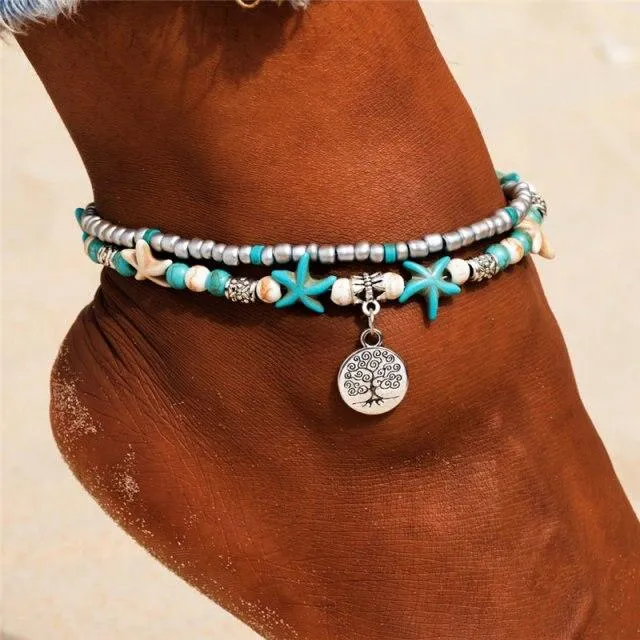 Women Blue Shell Beads Starfish Turtle Anklets