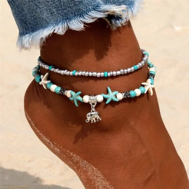 Women Blue Shell Beads Starfish Turtle Anklets