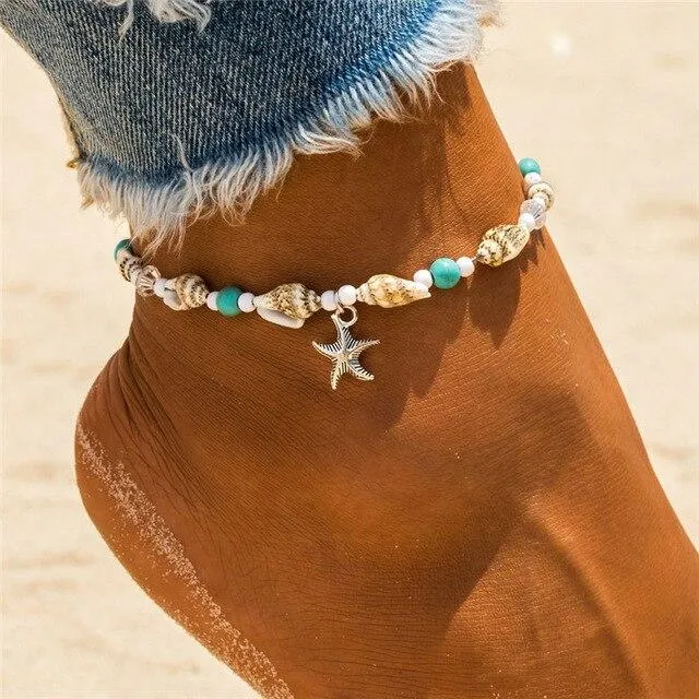 Women Blue Shell Beads Starfish Turtle Anklets