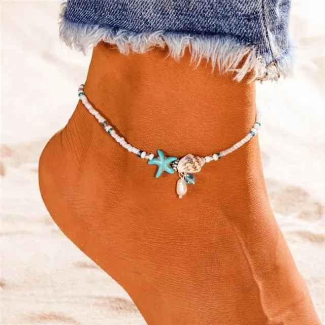 Women Blue Shell Beads Starfish Turtle Anklets