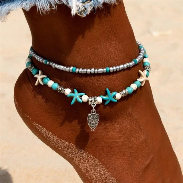 Women Blue Shell Beads Starfish Turtle Anklets