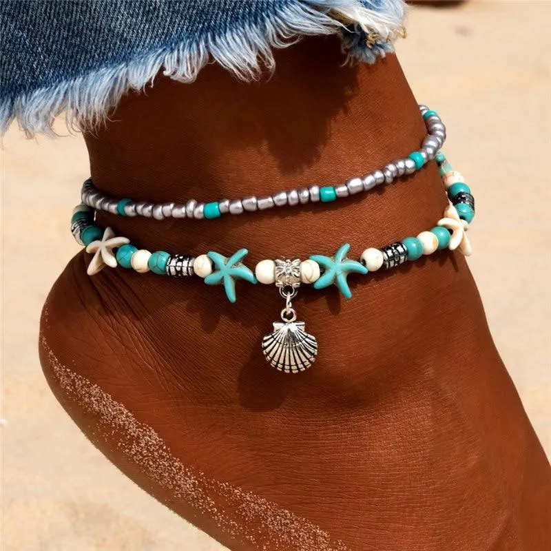 Women Blue Shell Beads Starfish Turtle Anklets