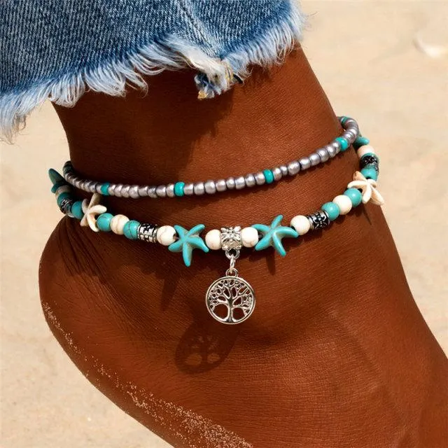 Women Blue Shell Beads Starfish Turtle Anklets