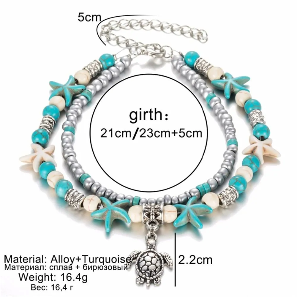 Women Blue Shell Beads Starfish Turtle Anklets