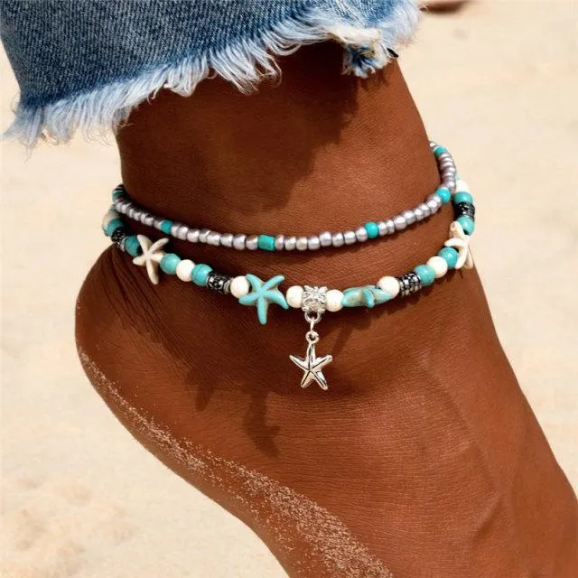 Women Blue Shell Beads Starfish Turtle Anklets