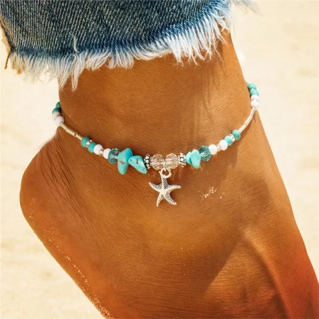 Women Blue Shell Beads Starfish Turtle Anklets