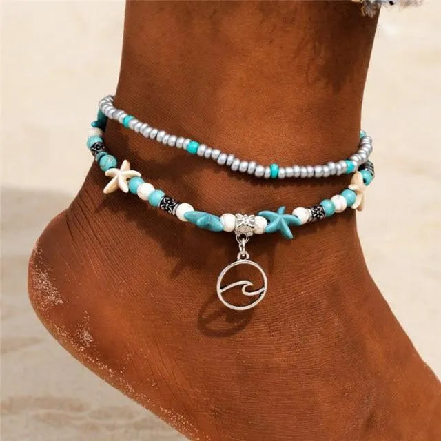 Women Blue Shell Beads Starfish Turtle Anklets