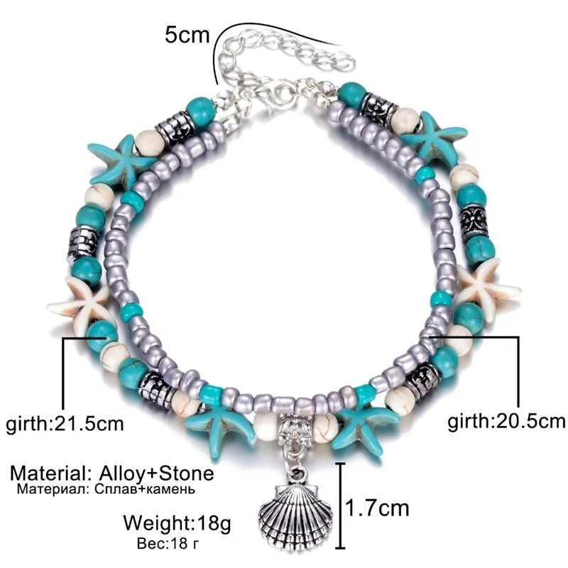 Women Blue Shell Beads Starfish Turtle Anklets