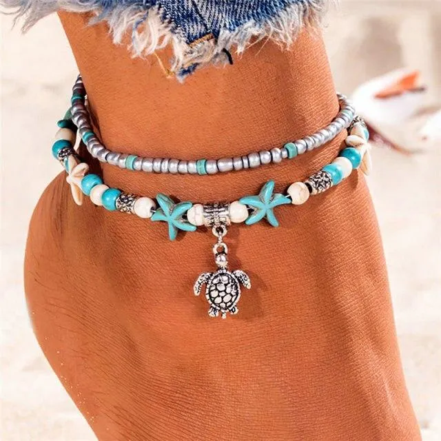 Women Blue Shell Beads Starfish Turtle Anklets