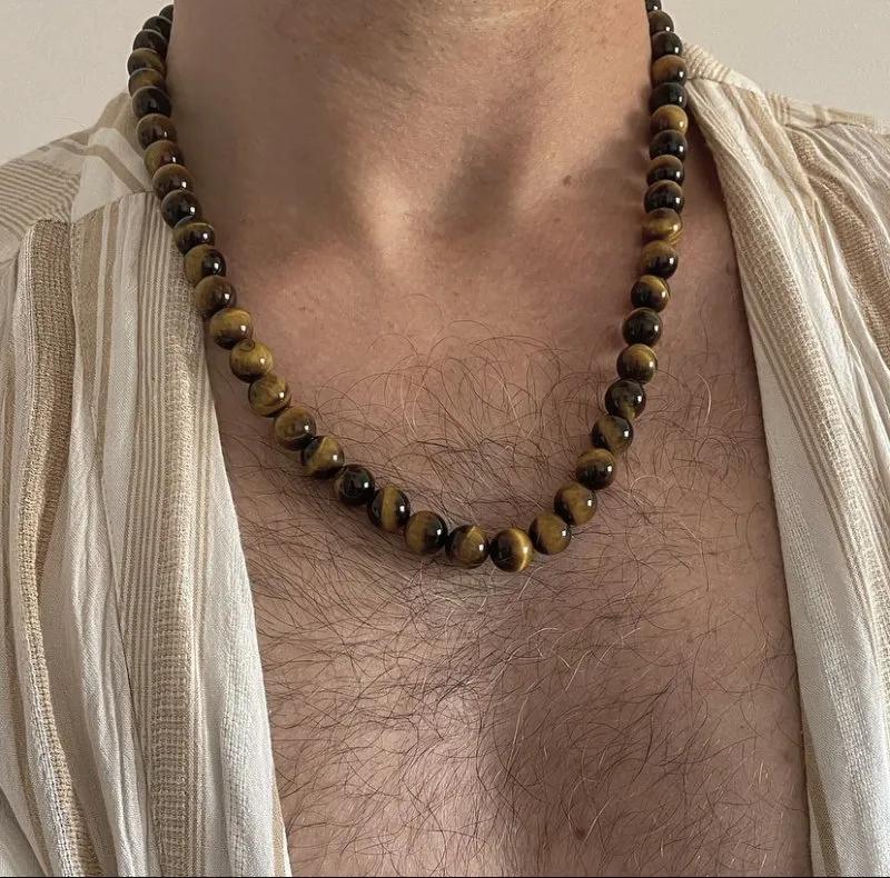 Xander Kostroma Men's Tigers Eye Chunky Statement Crystal and Brass Necklace - 56 cm, Protection, Mental Clarity, and Good Luck